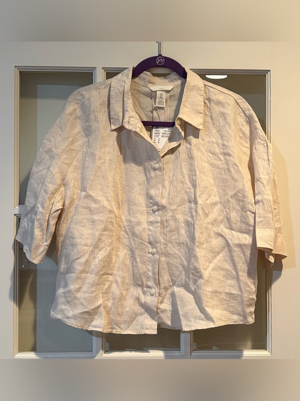 H&M Linen Blend Beige Short Sleeve Button-Down Shirt Size Medium NWT